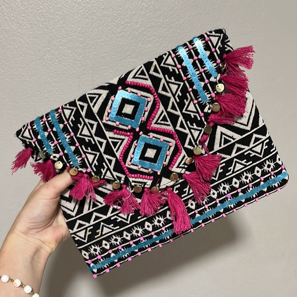 Handbags - Aztec Boho Embellished Beaded Sequin Tassel Cotton Envelope Clutch Purse Bag
